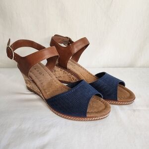SOLD!!!  Pesaro Wedge Espadrille Sandals Navy Brown Leather Size 10 Cottage